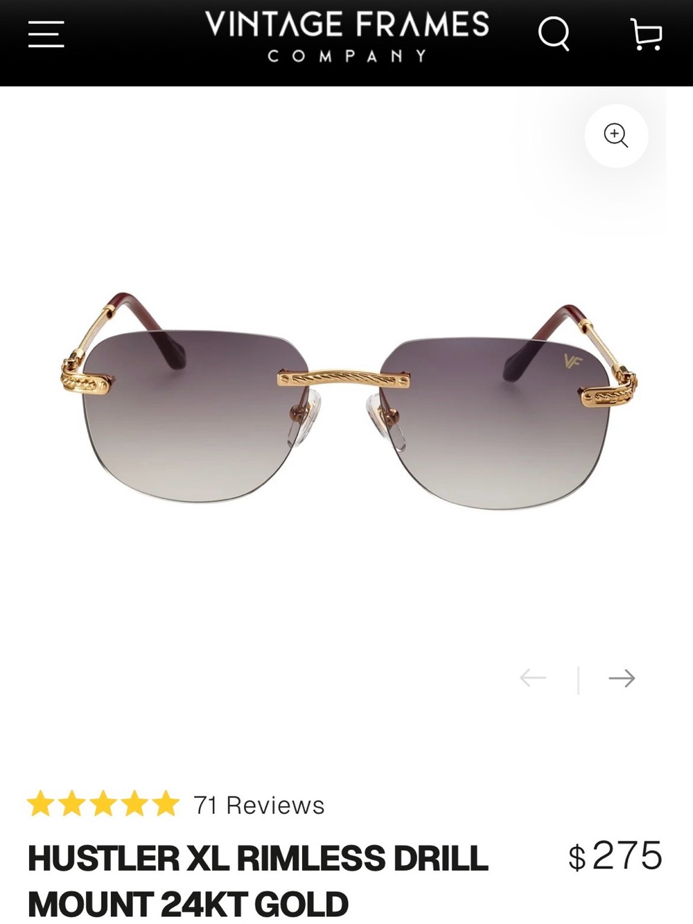 Hustler XL Rimless Drill Mount 24KT Gold Sunglasses - Brown Gradient